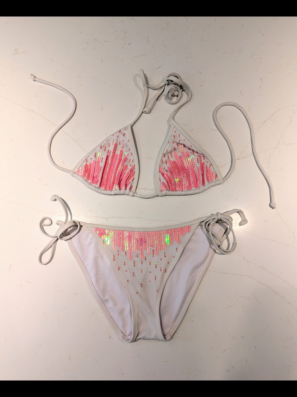 Victoria's Secret White Bikini with Pink Iridescent Sequin Accents